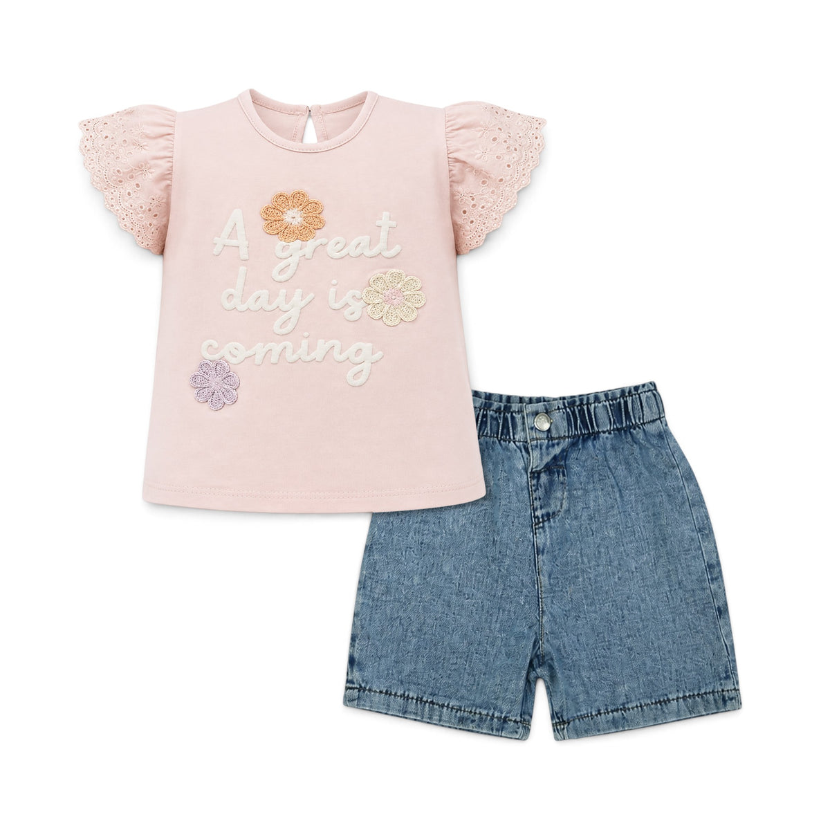 PINK "A GREAT DAY IS COMING" AND DENIM SHORTS BABY GIRL OUTFIT