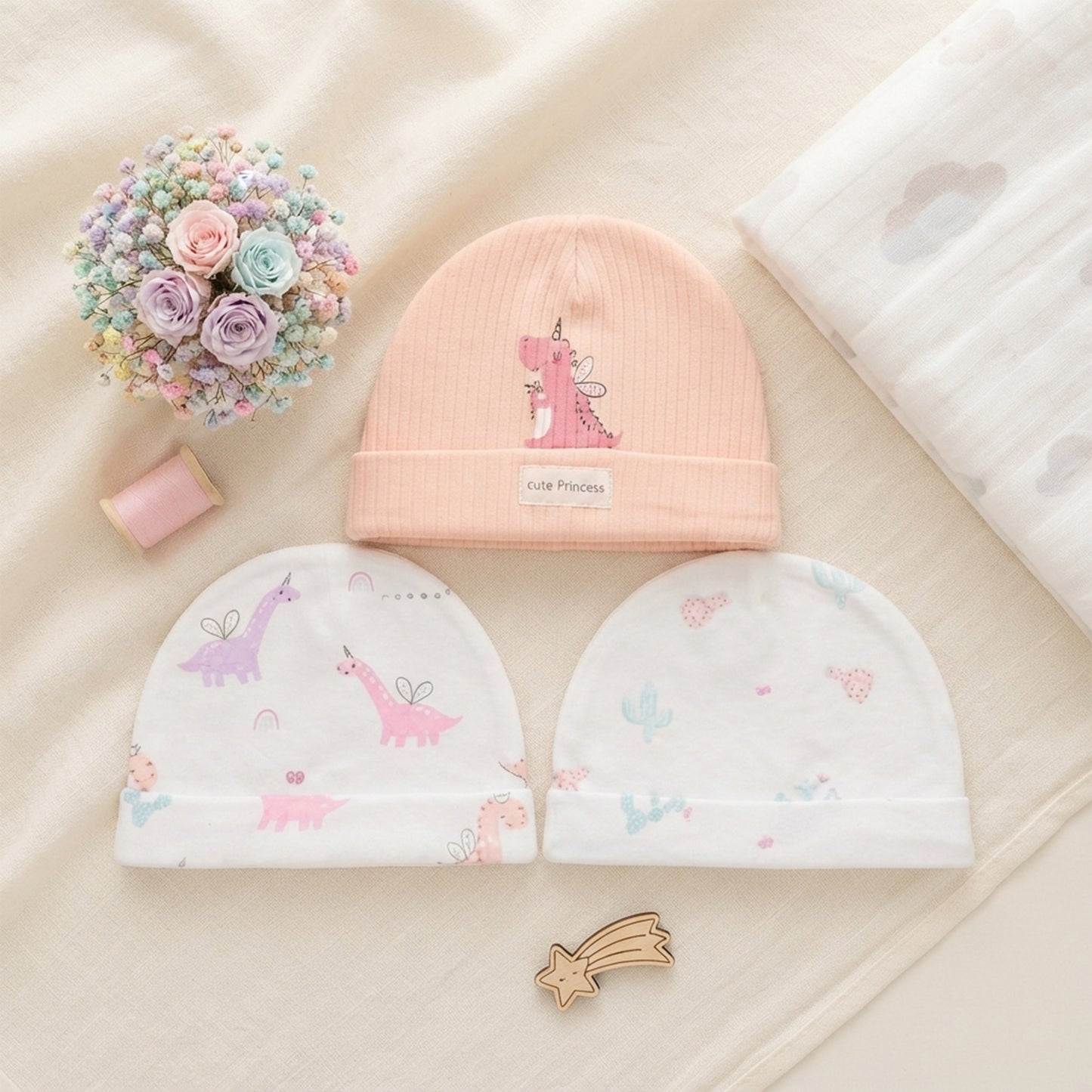 DINOSAUR AND CACTUS INFANT BABY CAPS PK-3
