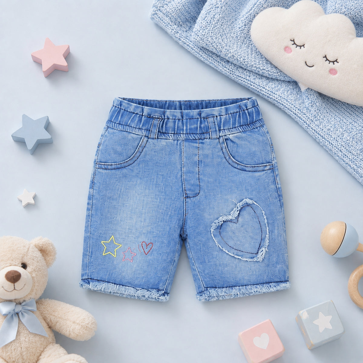 LIGHT WASH EMBROIDERED DENIM GIRL SHORT