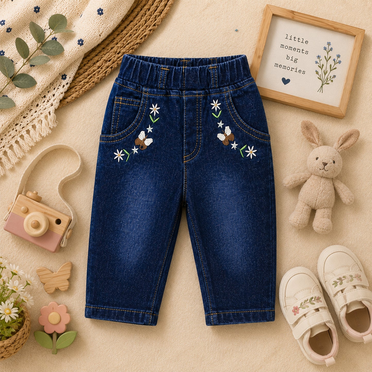 BABY GIRL DARK WASH EMBROIDERED DENIM JEANS (CAPRI)