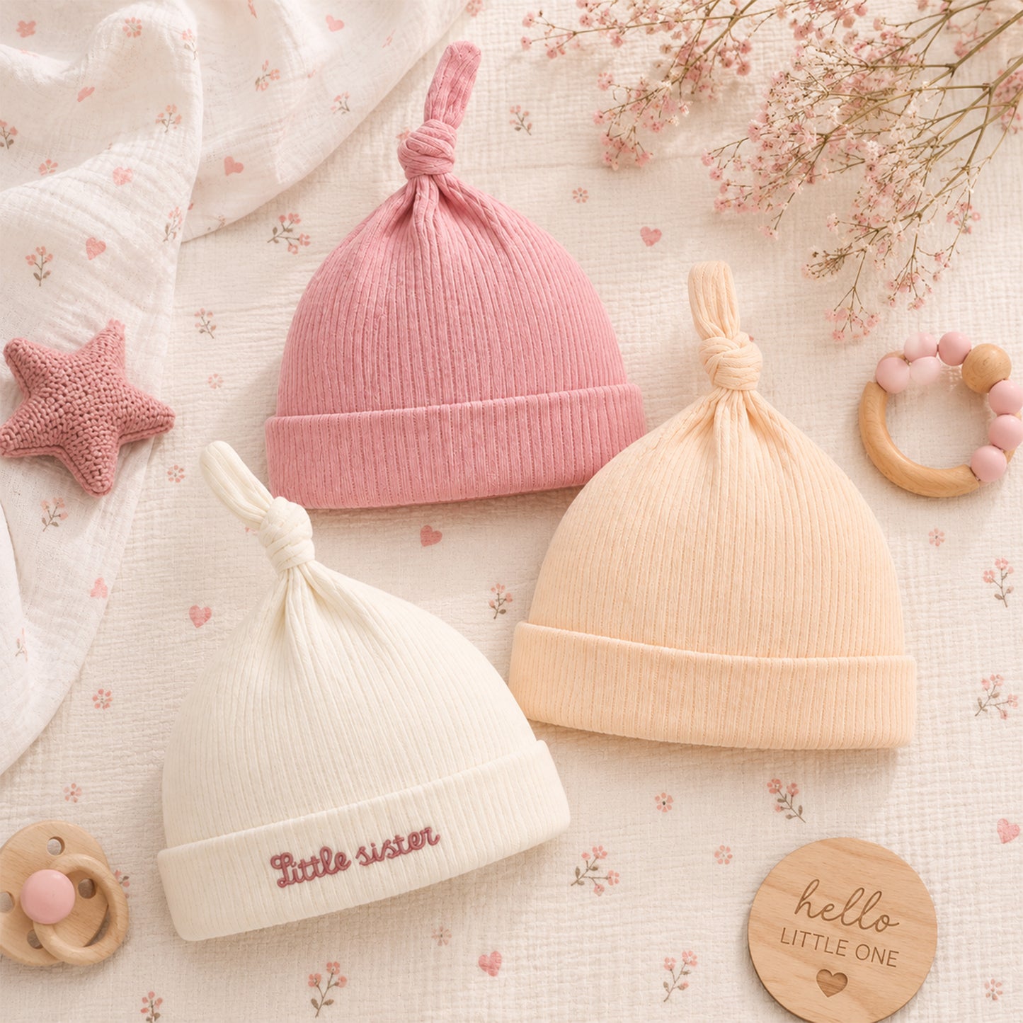 KNOTTED RIBBED BABY CAPS PK-3