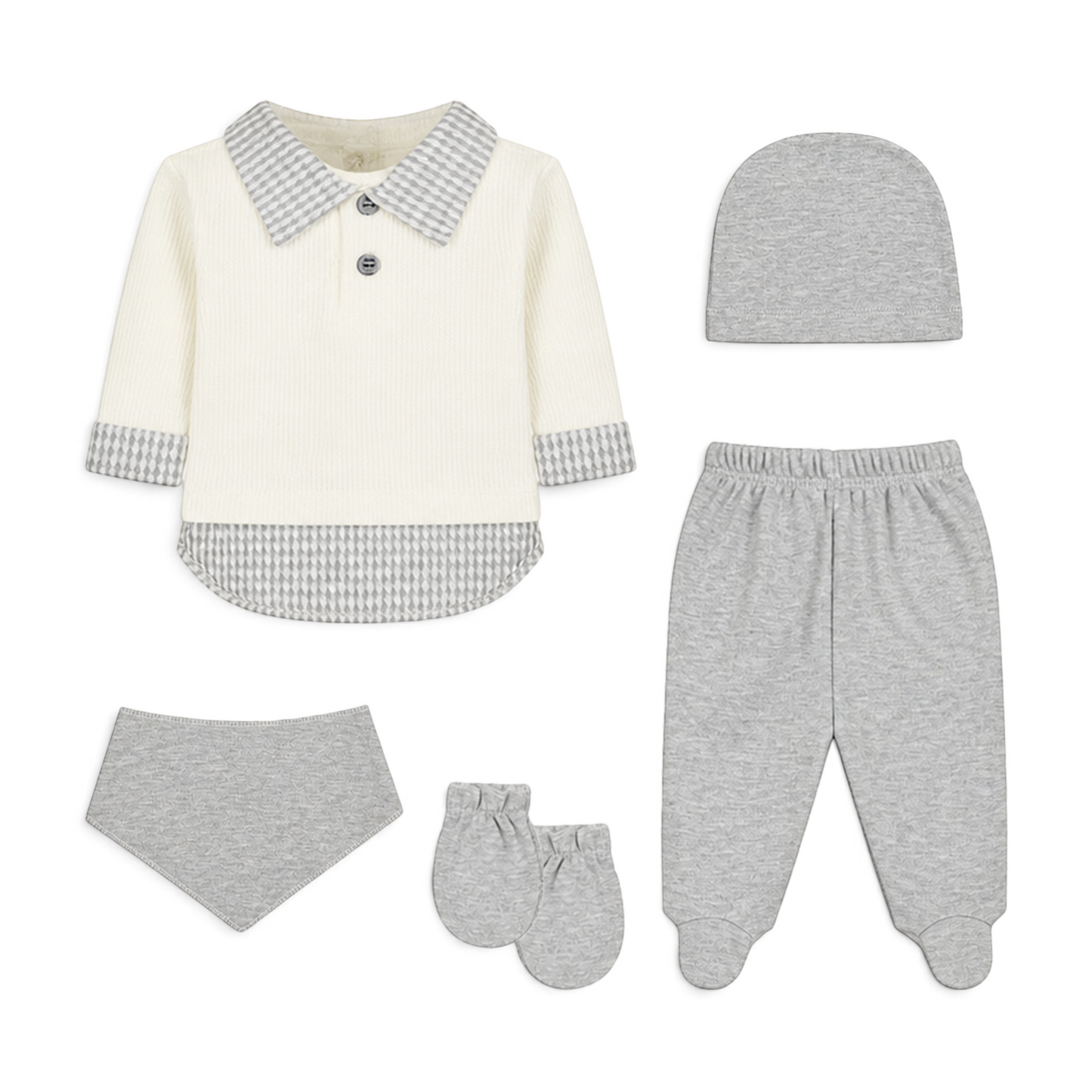 CREAM AND GREY CHECKERED COLLAR BABY BOY GIFT SET