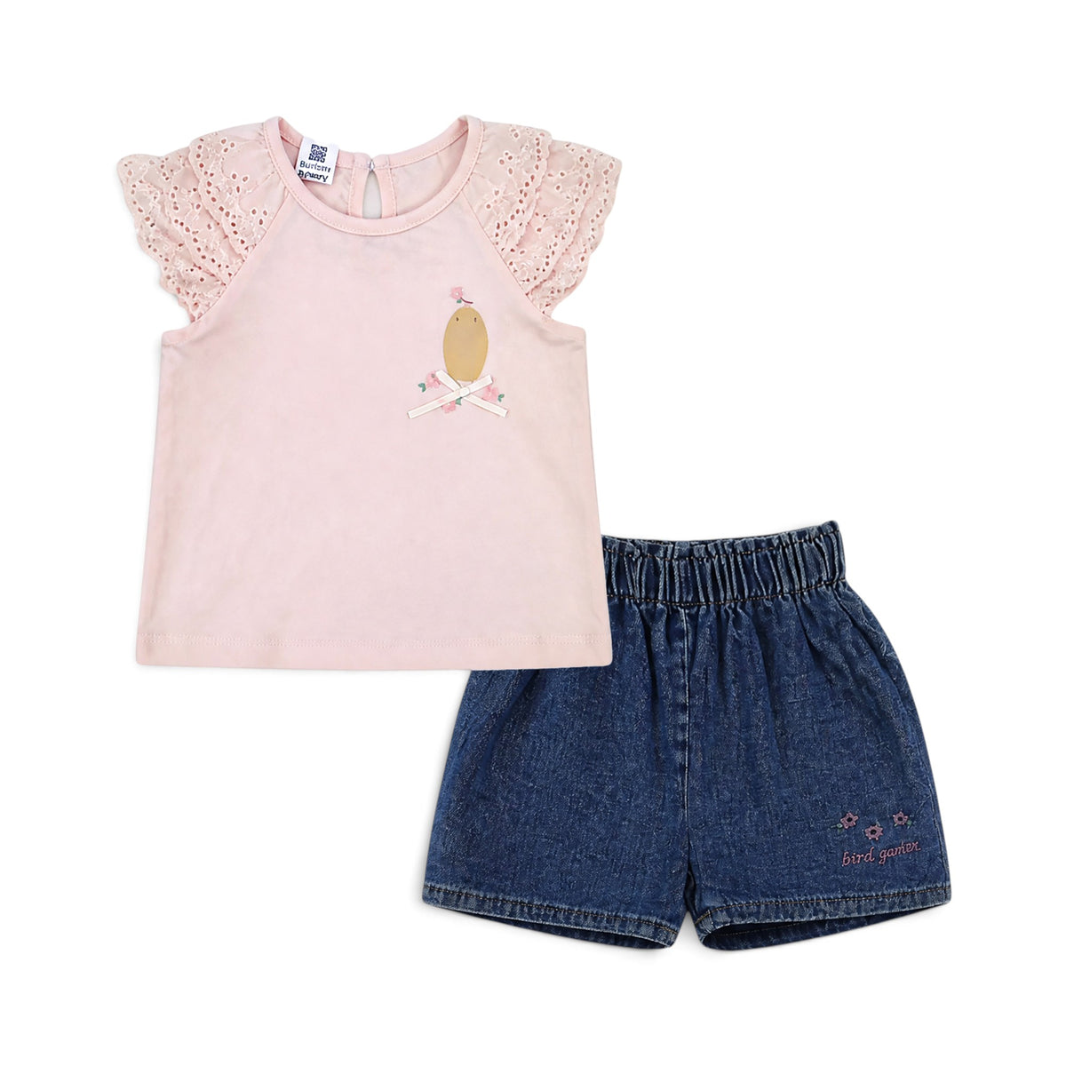 PINK LACE-SLEEVE AND "BIRD GARDEN" DENIM SHORTS BABY GIRL OUTFIT