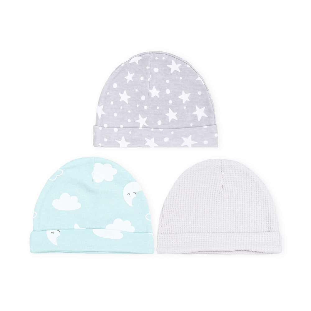 BABY CAPS PK-3 GREY CLOUDS & STARS