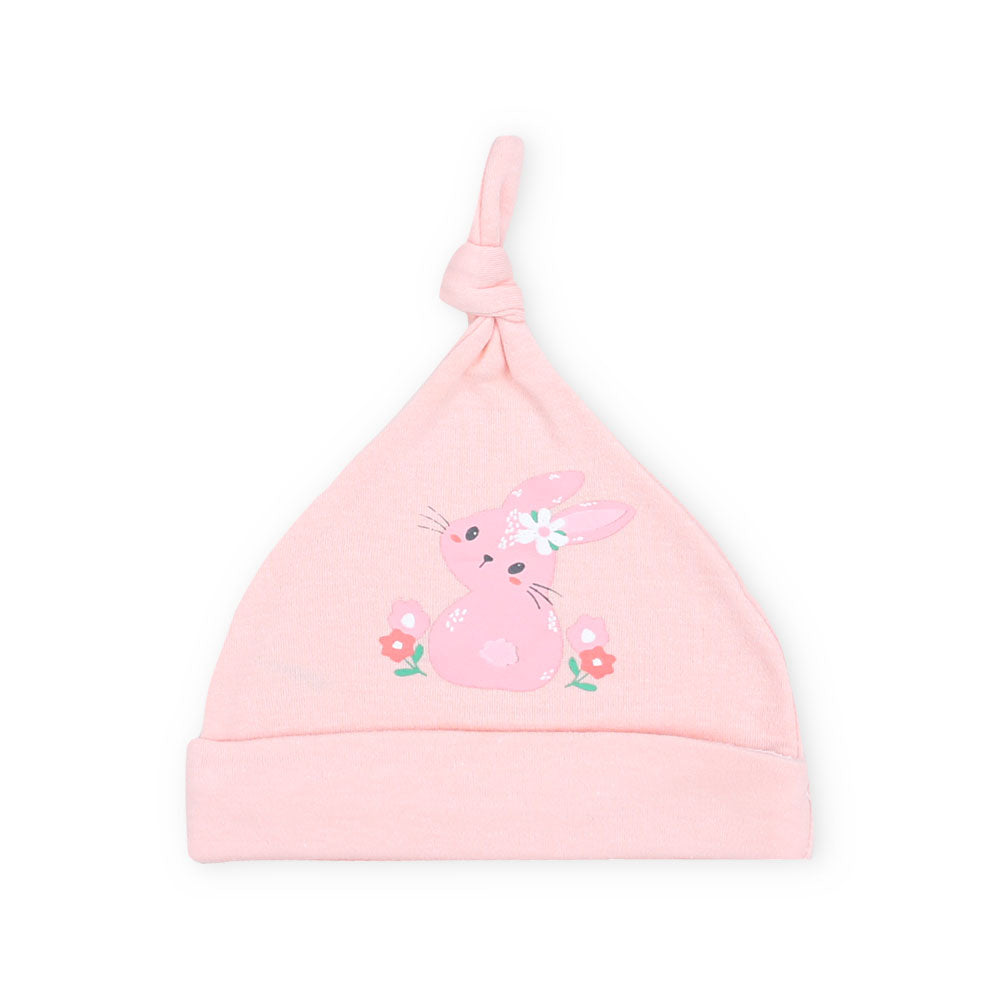 BABY CAPS PK-3 PEACH FLORAL BUNNY KNOTTED
