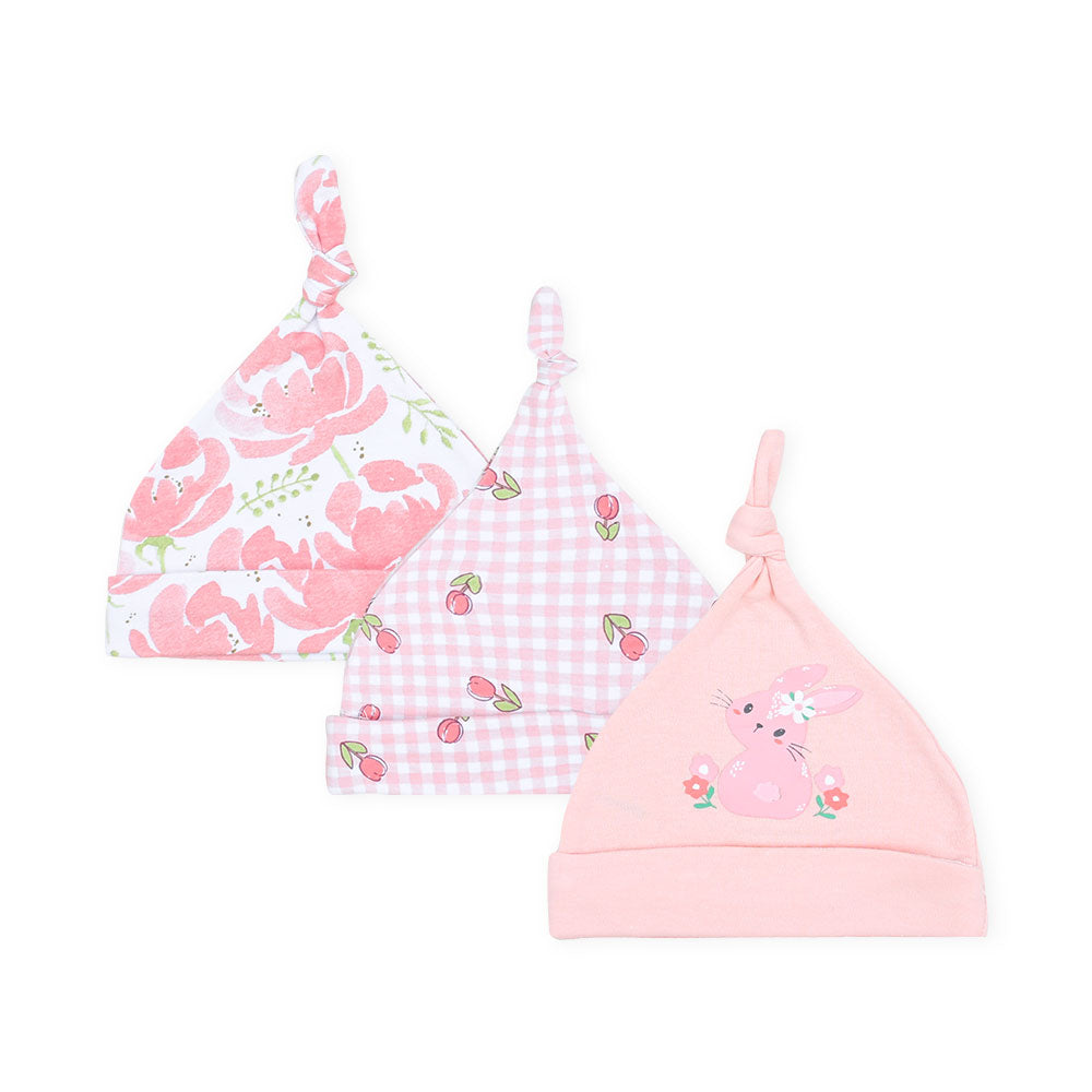 BABY CAPS PK-3 PEACH FLORAL BUNNY KNOTTED