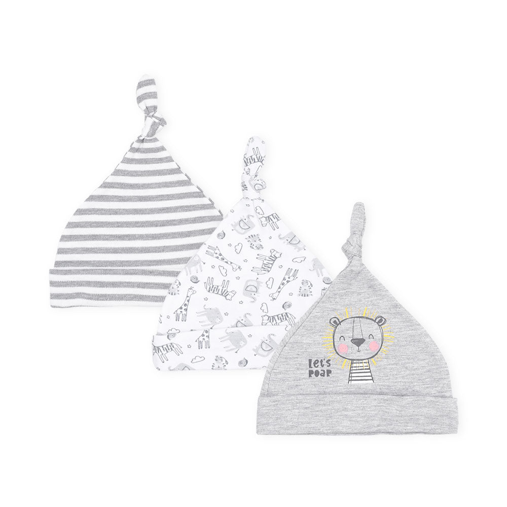 BABY CAPS PK-3 GREY STRIPED ZEBRA KNOTTED