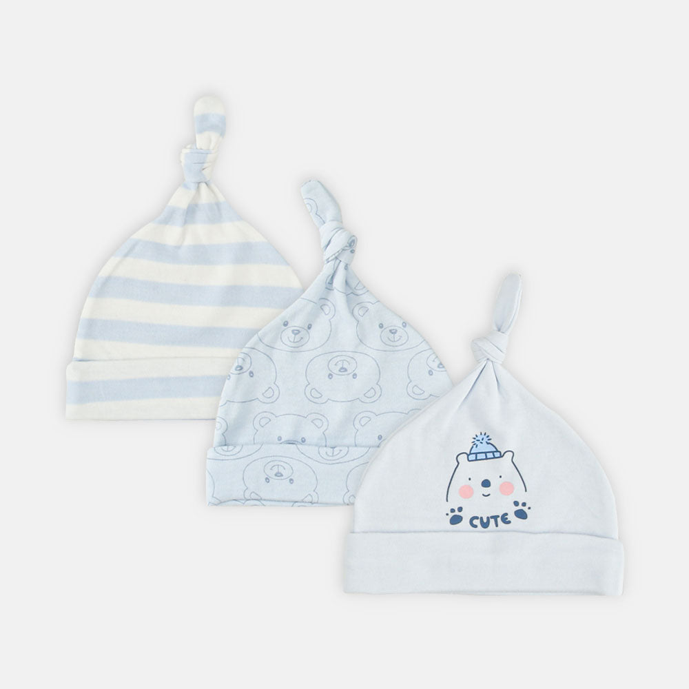 BABY CAPS PK-3 BLUE CUTE BEAR KNOTTED