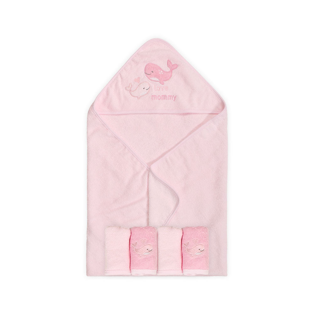BATH TOWEL & FACE TOWEL PK-4 BABY PINK LOVE MOMMY WHALES