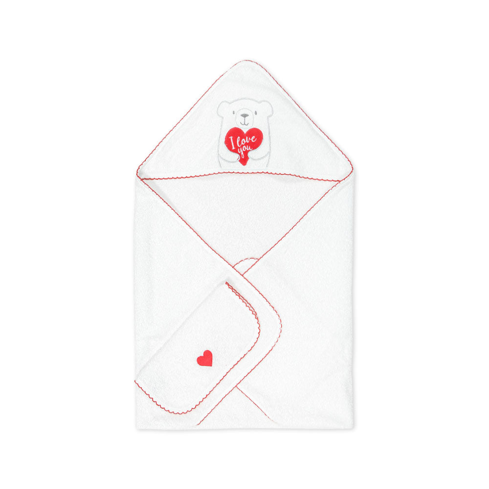BATH TOWEL RED TEDDY LOVE HOODED