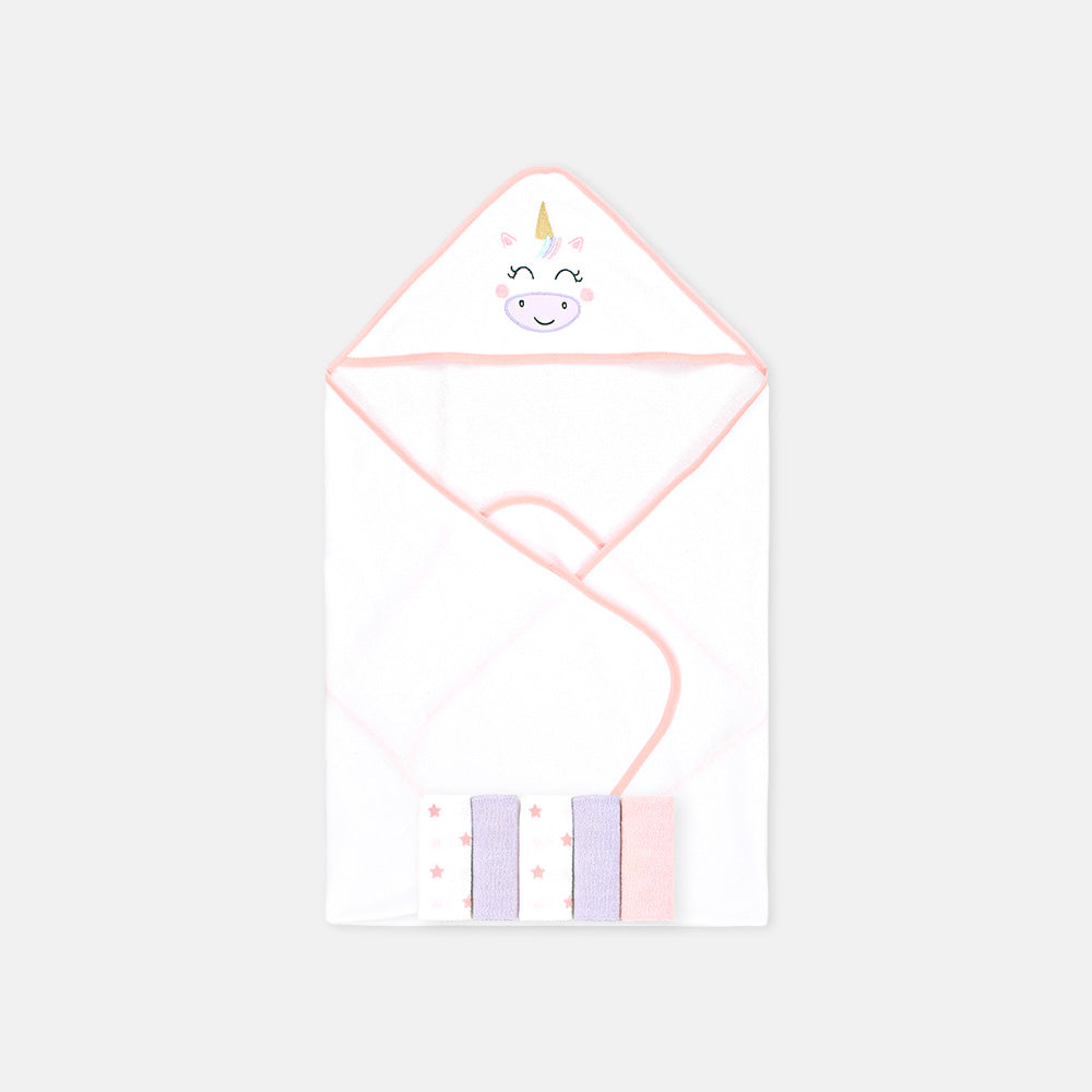 BATH TOWEL WITH 5 FACE TOWELS PINK COW