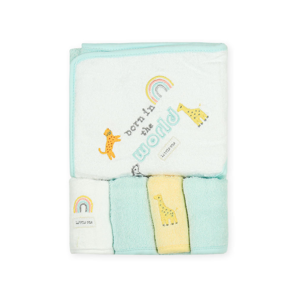 BATH TOWEL & 4 FACE TOWELS ZOO EMBROIDERED PASTEL