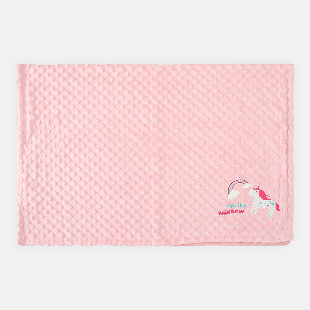 BLANKET PINK UNICORN AND RAINBOW EMBOSSED DOTTED