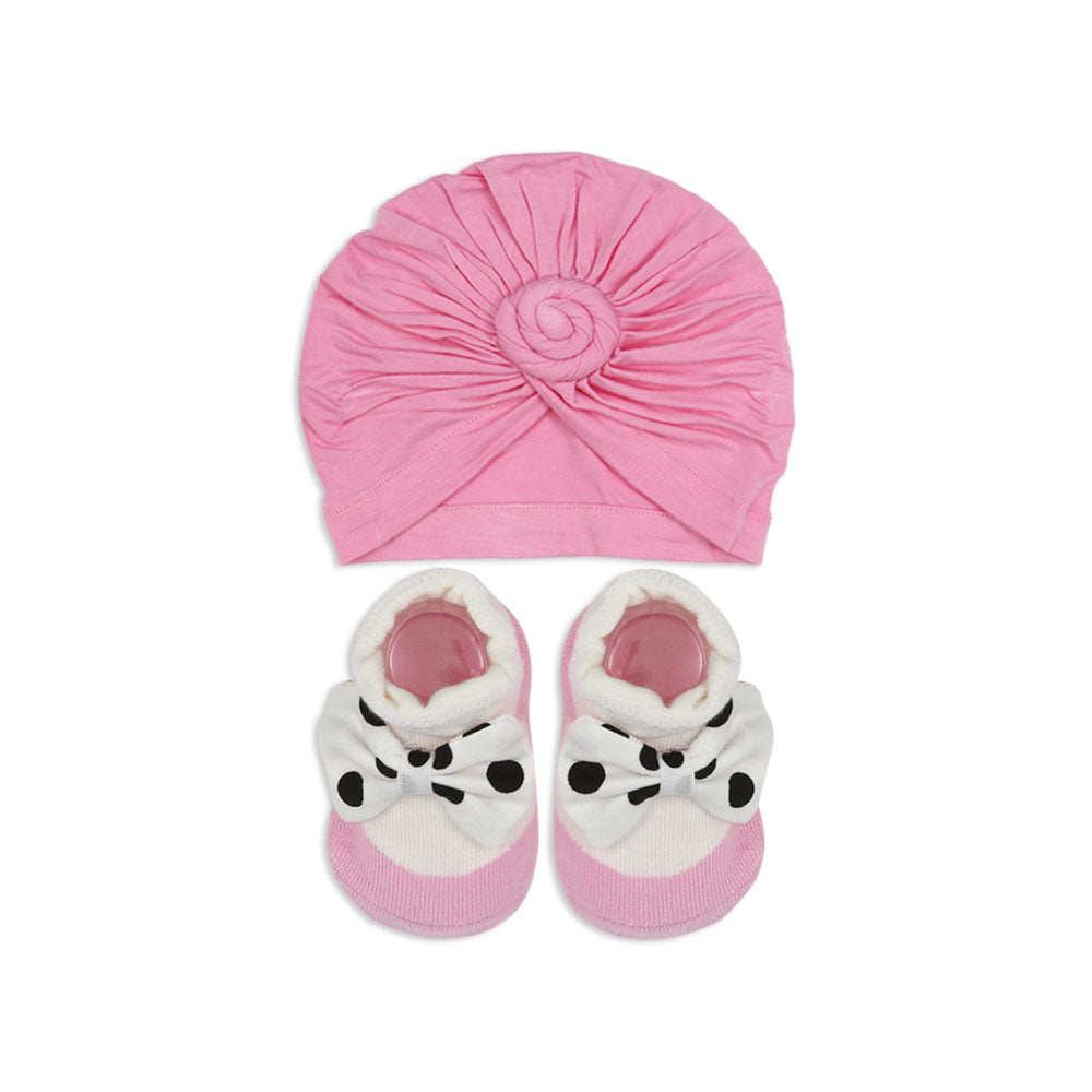BOOTIES & CAP PINK DOTTED BOW