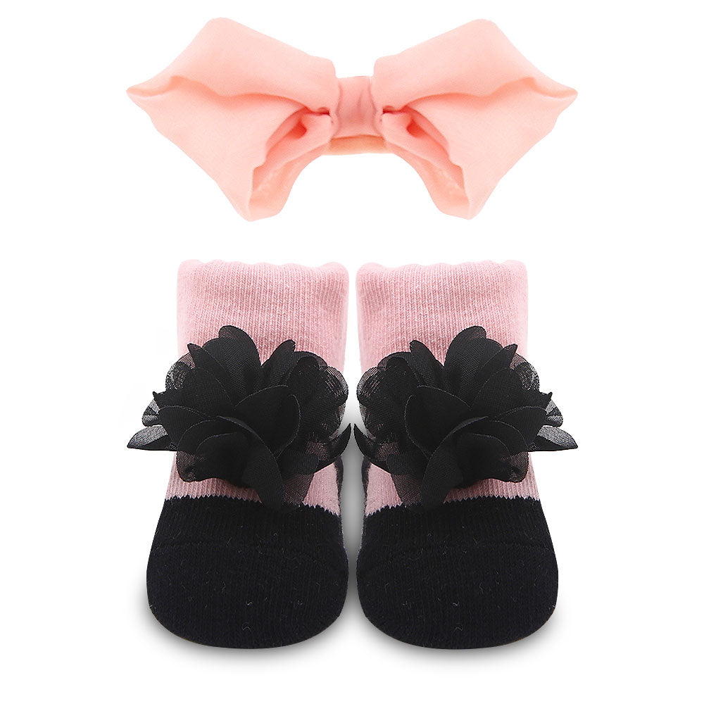 BOOTIES PK-3 WITH 3 HEAD BANDS PINK FLORAL & POLKA DOT