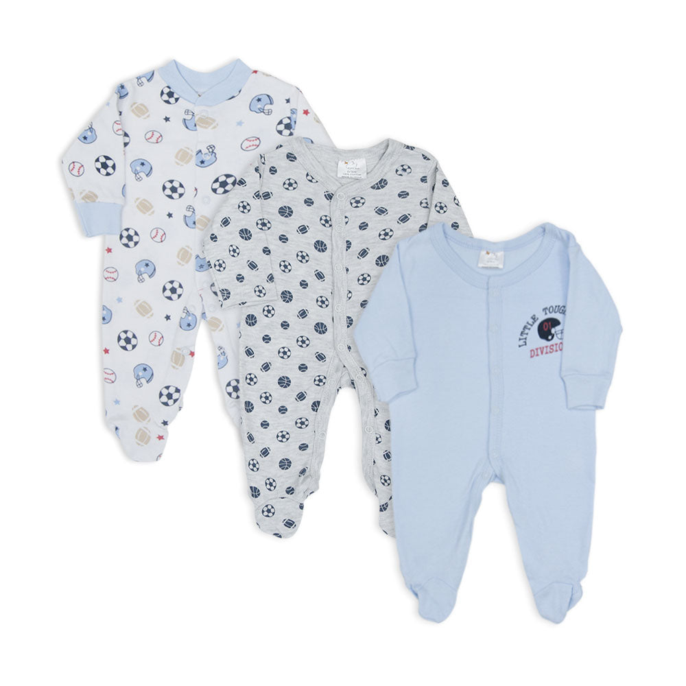 SLEEP SUITS / ROMPERS BOYS PK-3 BLUE TOUGH LIL SPORTSMAN