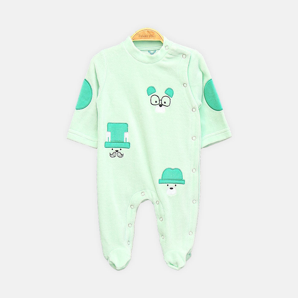 BOY ROMPER GENTLEMAN BEAR APPLIQUÉ FOOTIE