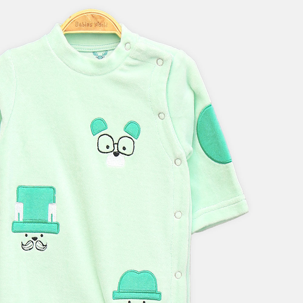 BOY ROMPER GENTLEMAN BEAR APPLIQUÉ FOOTIE