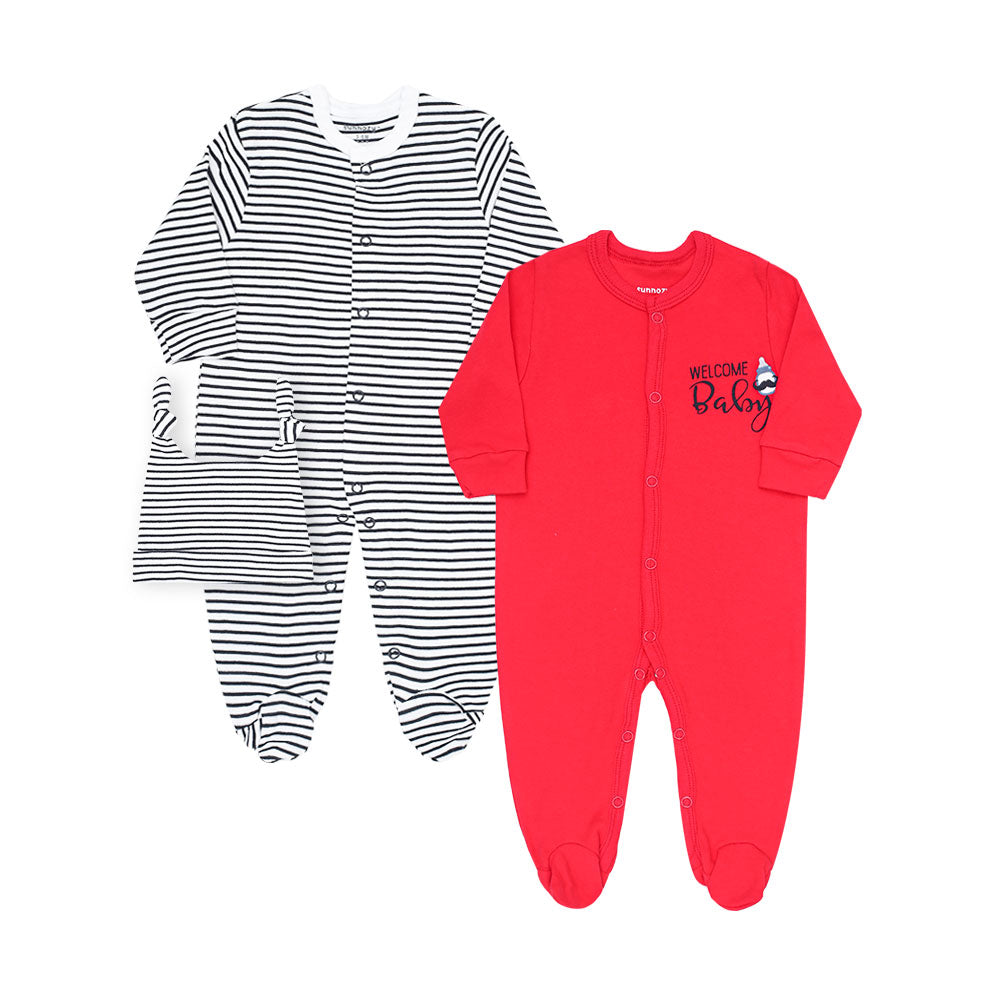 ROMPER BOYS PK-2 & HAT RED & BLACK STRIPED WELCOME BABY