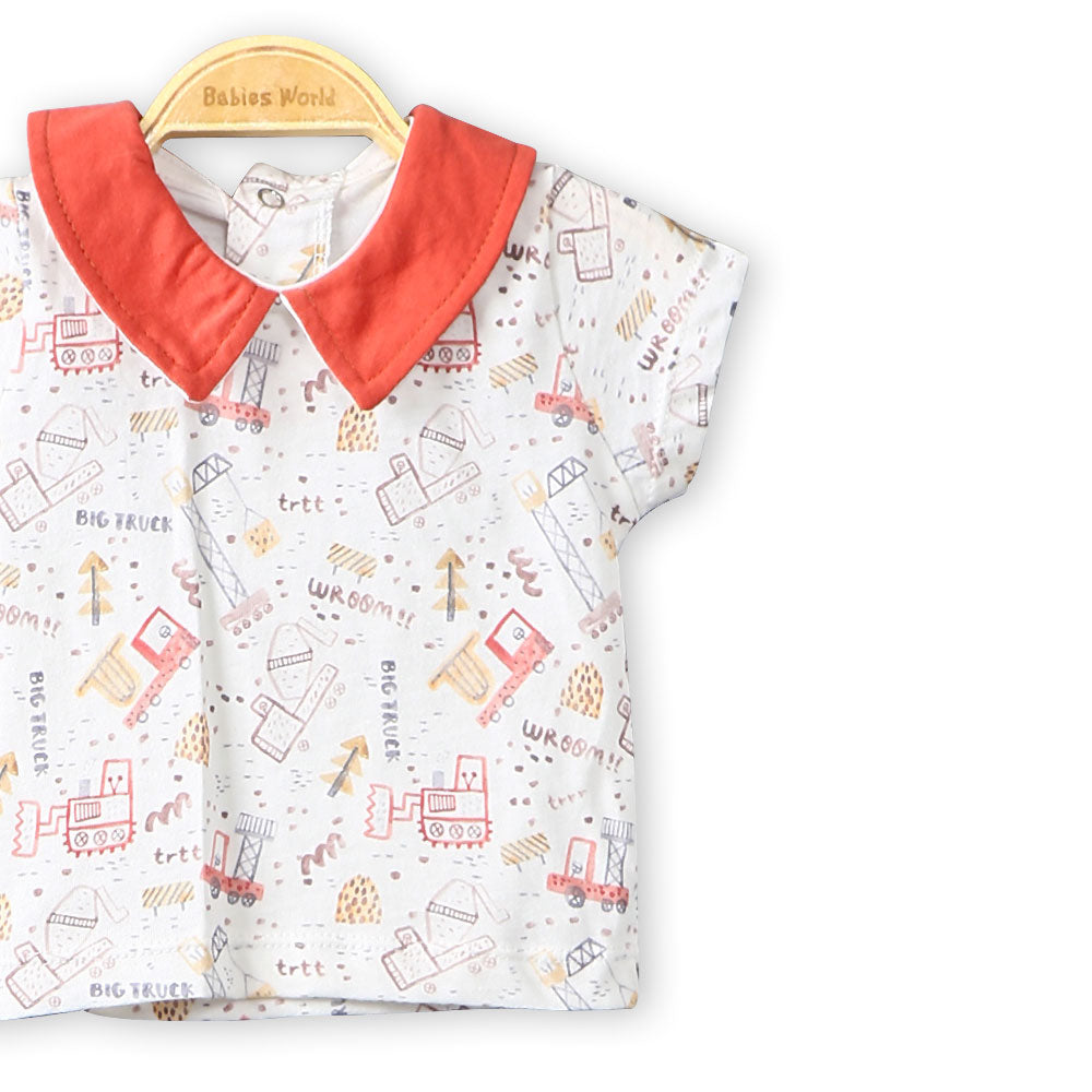 BOY ROMPER CORAL TRUCKS