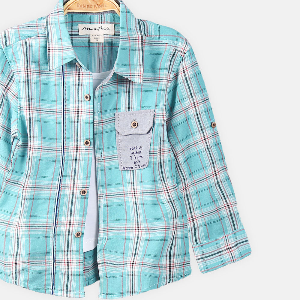 BOY SHIRT SEA GREEN CHECKERED POCKET