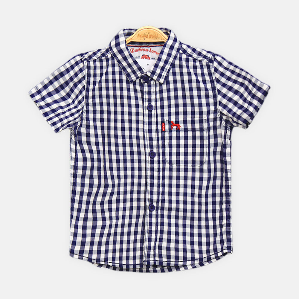 BOY SHIRT NAVY BLUE CHECKED SHORT-SLEEVE
