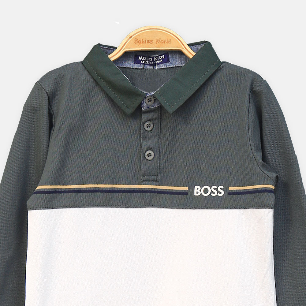 BOY T-SHIRT GREY AND WHITE STRIPED MOCK NECK