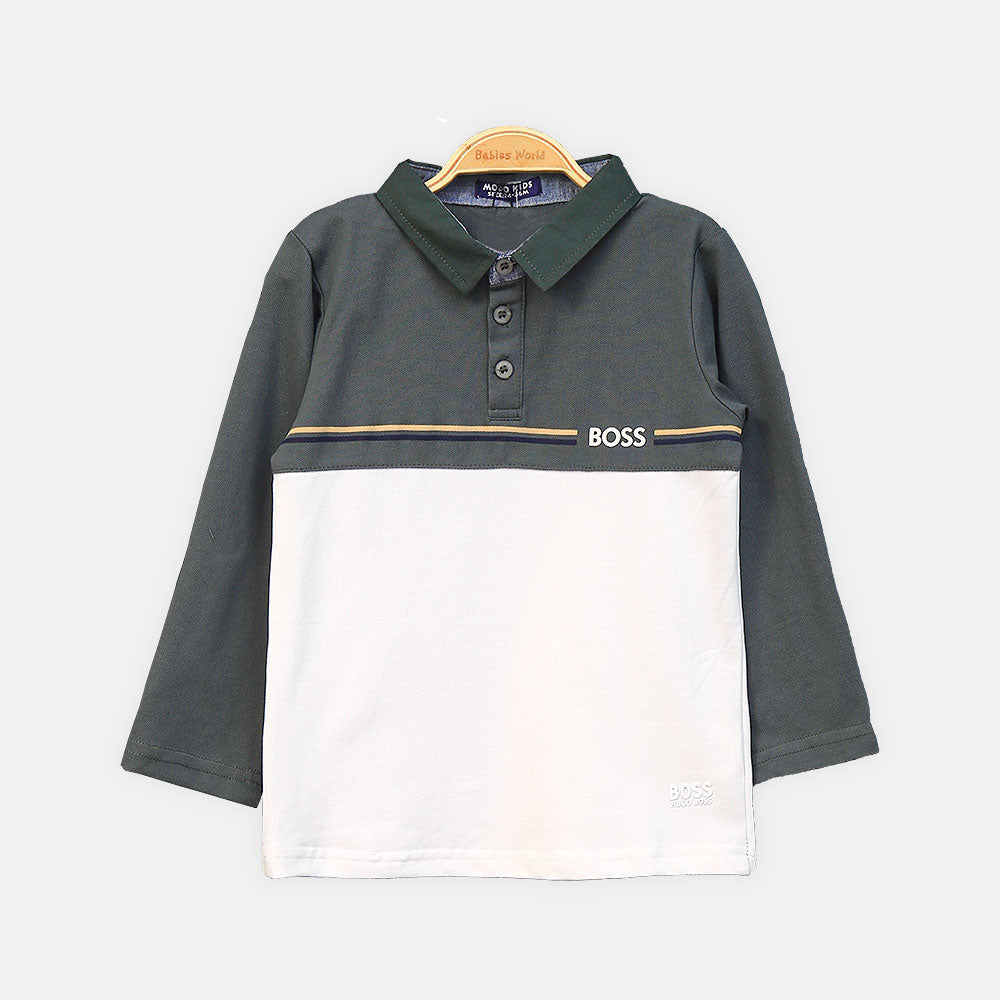 BOY T-SHIRT GREY AND WHITE STRIPED MOCK NECK