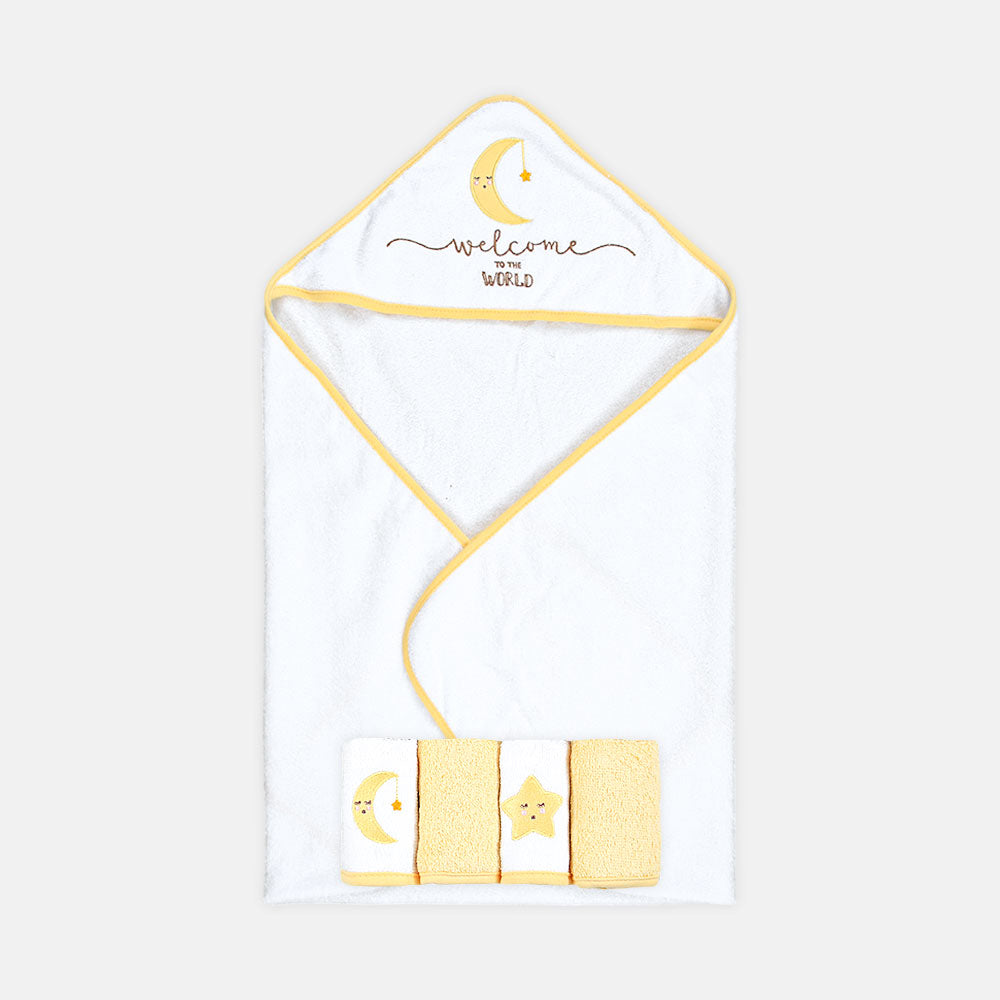 BATH TOWEL WITH 4 FACE TOWELS YELLOW / WHITE