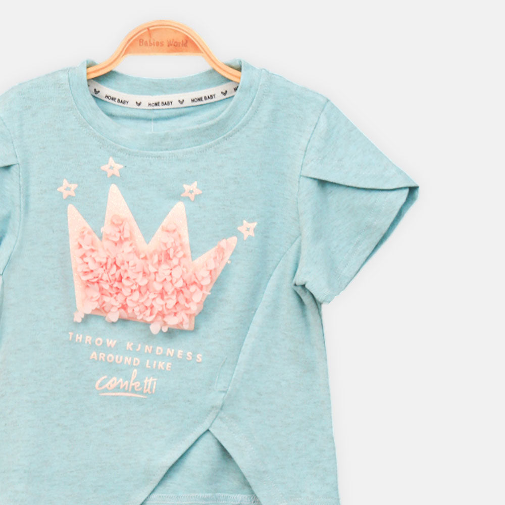 GIRL T-SHIRT BLUE CROWN GRAPHIC WITH RUFFLES
