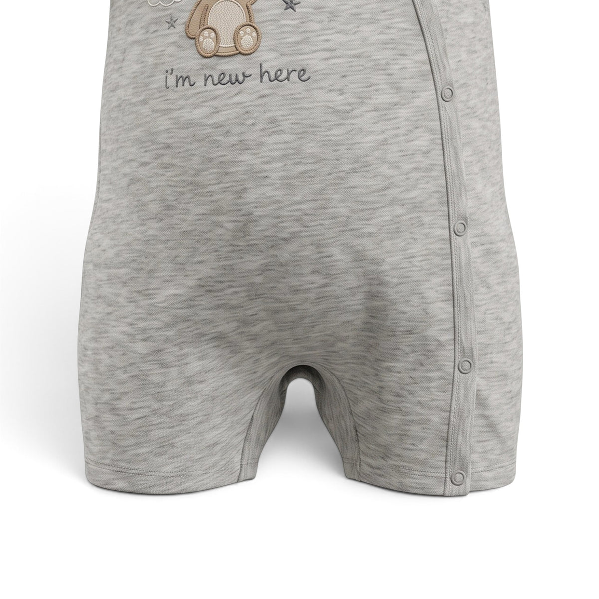GREY "I'M NEW HERE" BEAR ROMPER