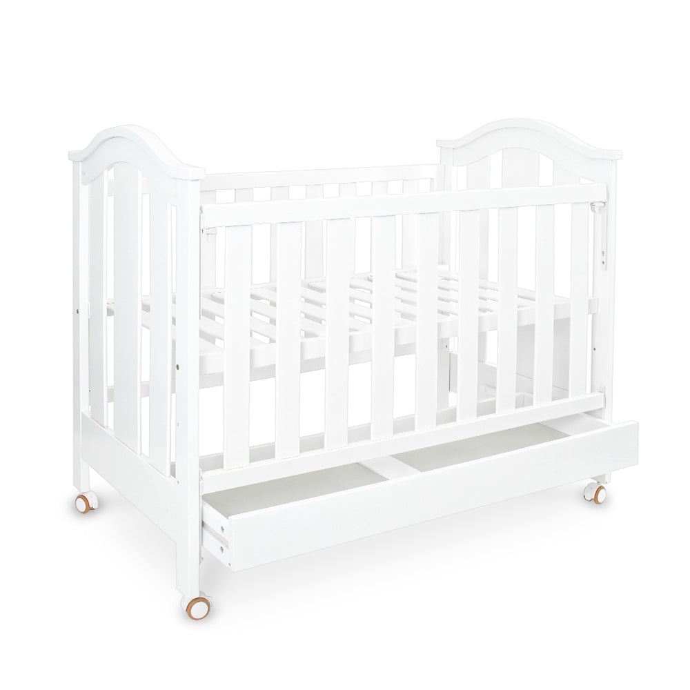 BABY WOODEN COT - WHITE MOVABLE WITH STORAGE DRAWER