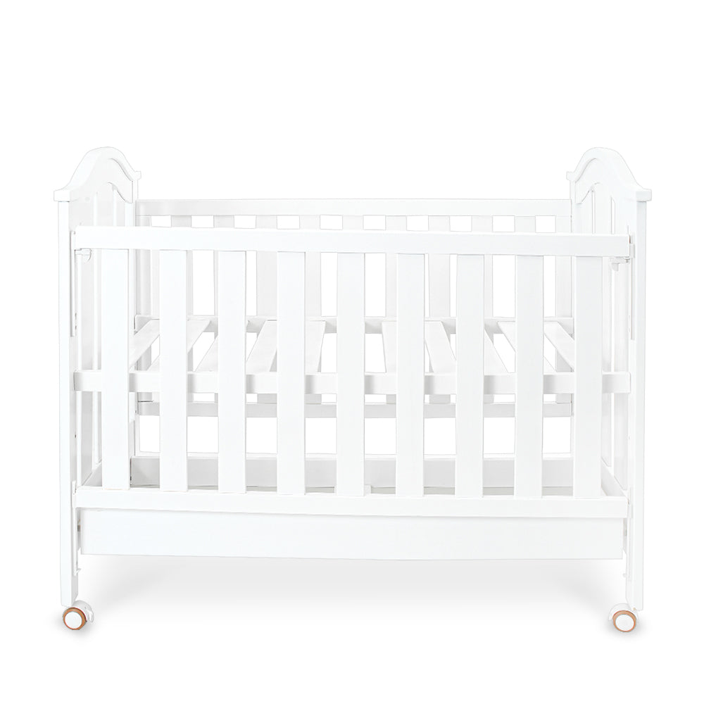 BABY WOODEN COT - WHITE MOVABLE WITH STORAGE DRAWER