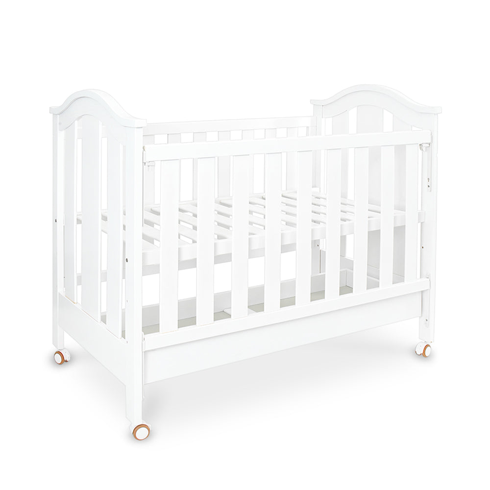 BABY WOODEN COT - WHITE MOVABLE WITH STORAGE DRAWER