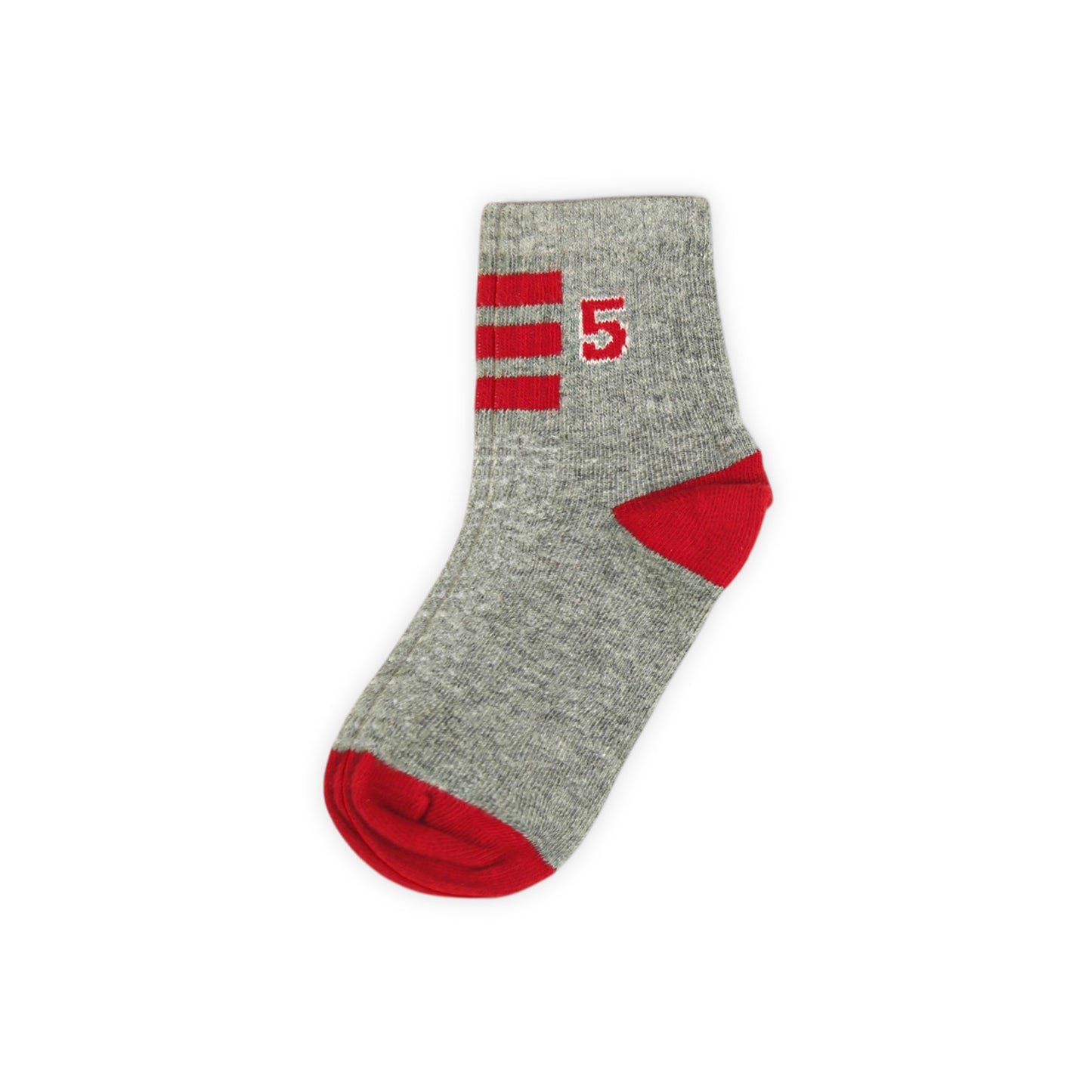 RED AND GREY STRIPED "5" ANKLE BOY SOCKS