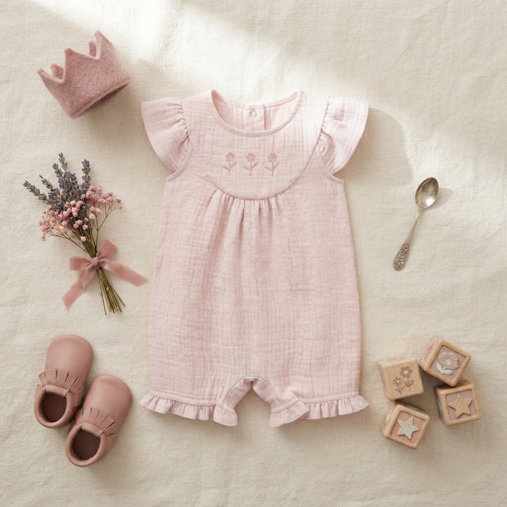 PEACH MUSLIN RUFFLE GIRL ROMPER
