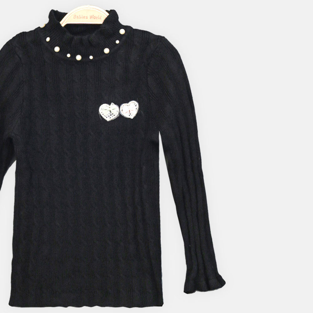 GIRL HI-NECK SWEATER BLACK PEARL-EMBELLISHED