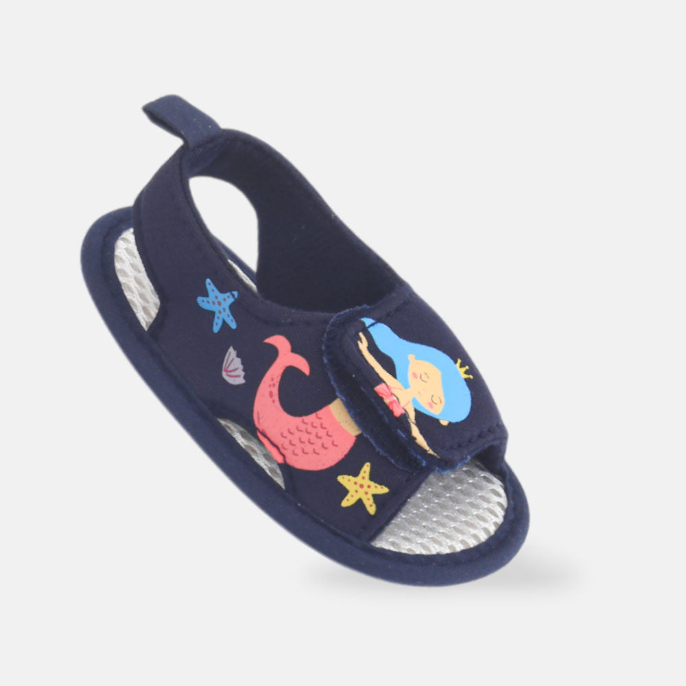 GIRL PRE WALKER SANDAL NAVY MESH WITH MERMAID PRINT
