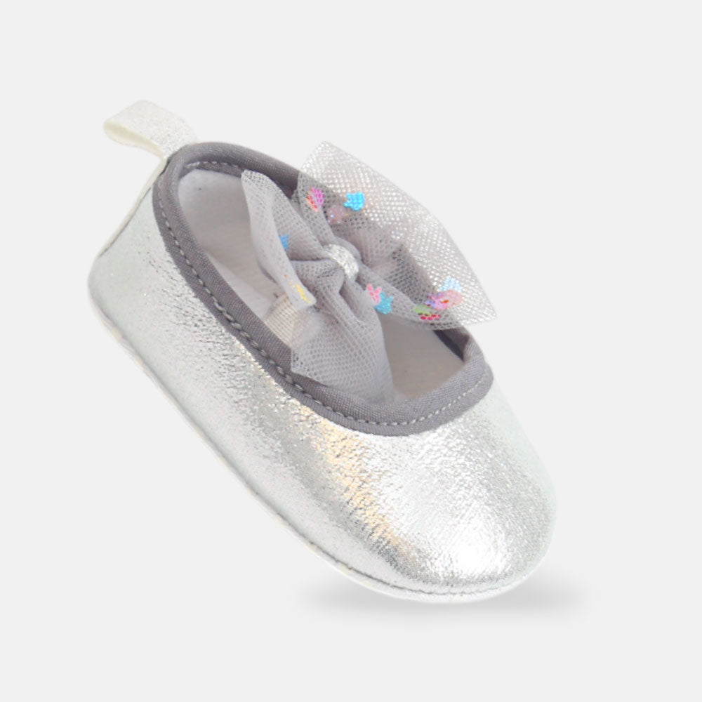 GIRL PRE WALKER SHOES SILVER GLITTER WITH TULLE BOWS
