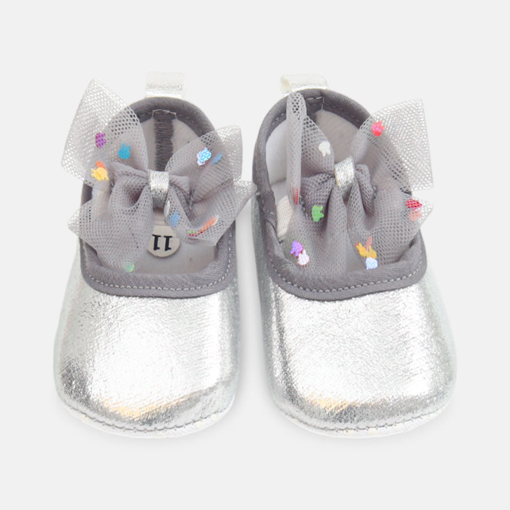 GIRL PRE WALKER SHOES SILVER GLITTER WITH TULLE BOWS