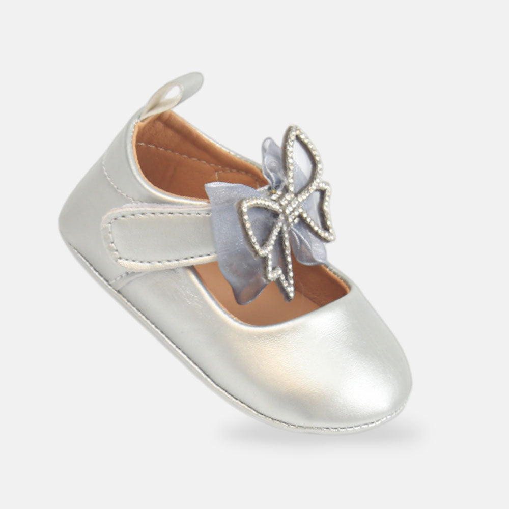 GIRL PRE WALKER SHOES SILVER GLIMMER BOW