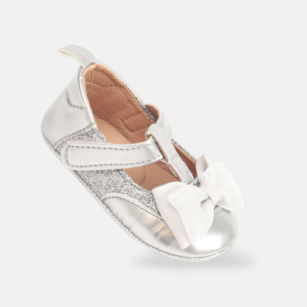 GIRL PRE WALKER SHOES SILVER GLIMMER BOW