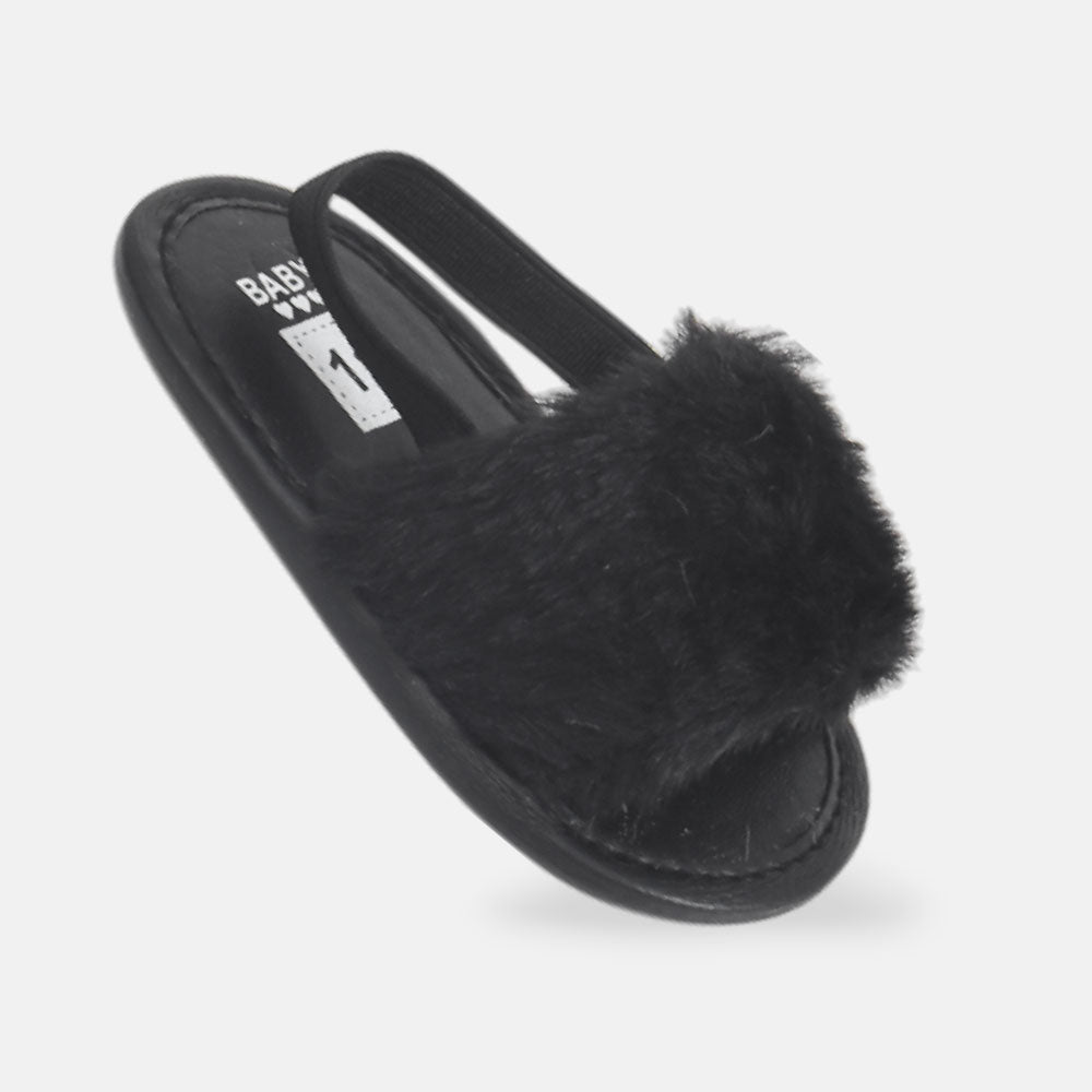 GIRL PRE WALKER SANDAL BLACK FURRY SLIP-ON