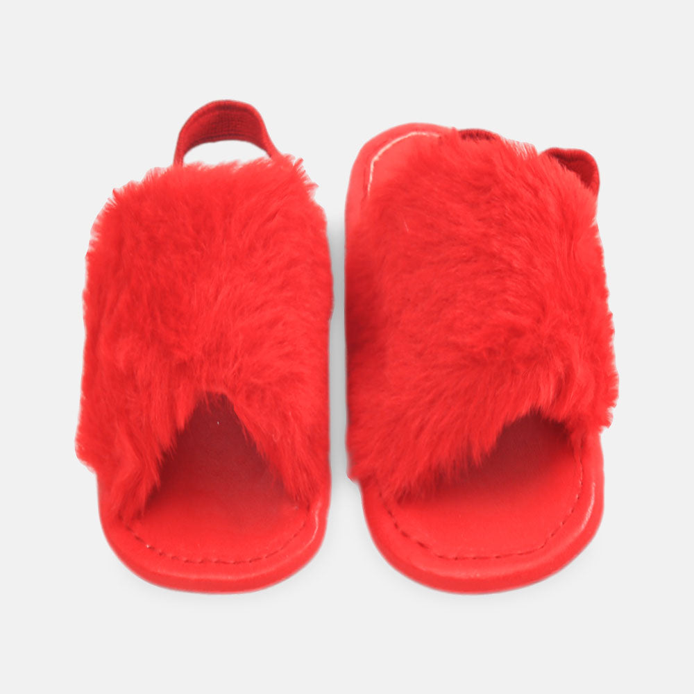 GIRL PRE WALKER SANDAL RED FURRY SLIP-ON