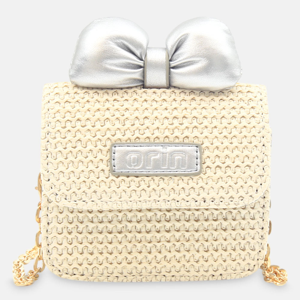 GIRL PURSE / CLUTCH CREAM WOVEN SILVER BOW