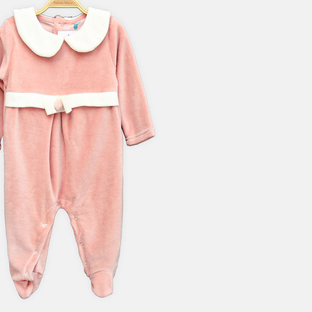 GIRL ROMPER PETITE ROSE VELVET COLLAR FOOTED