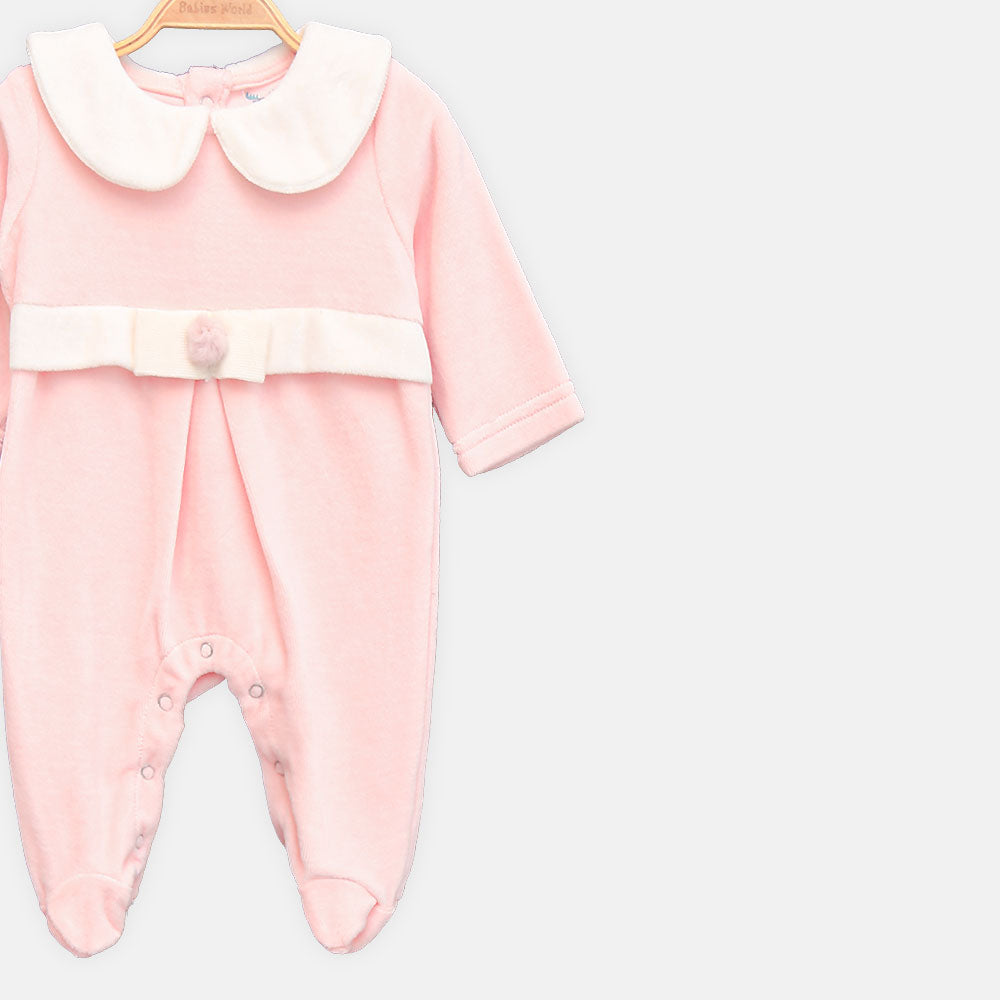 GIRL ROMPER PINK VELVET COLLAR FOOTED