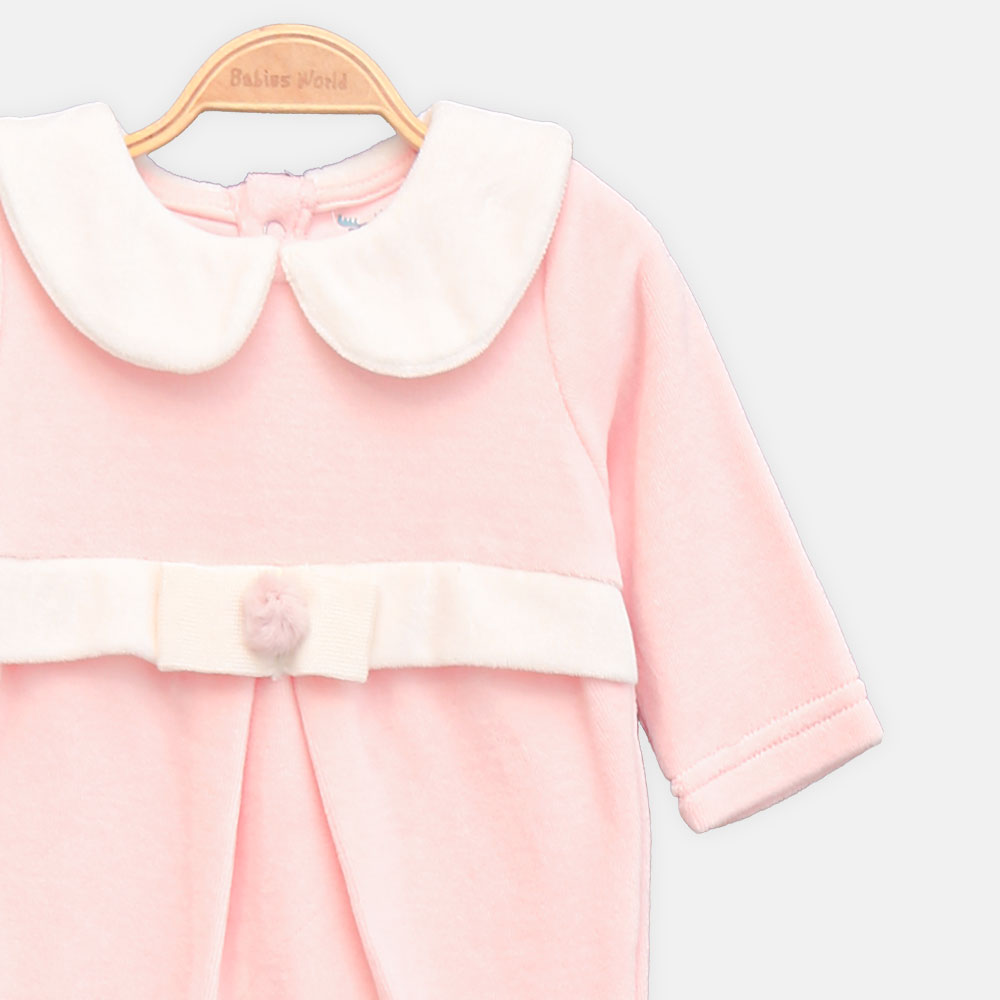 GIRL ROMPER PINK VELVET COLLAR FOOTED