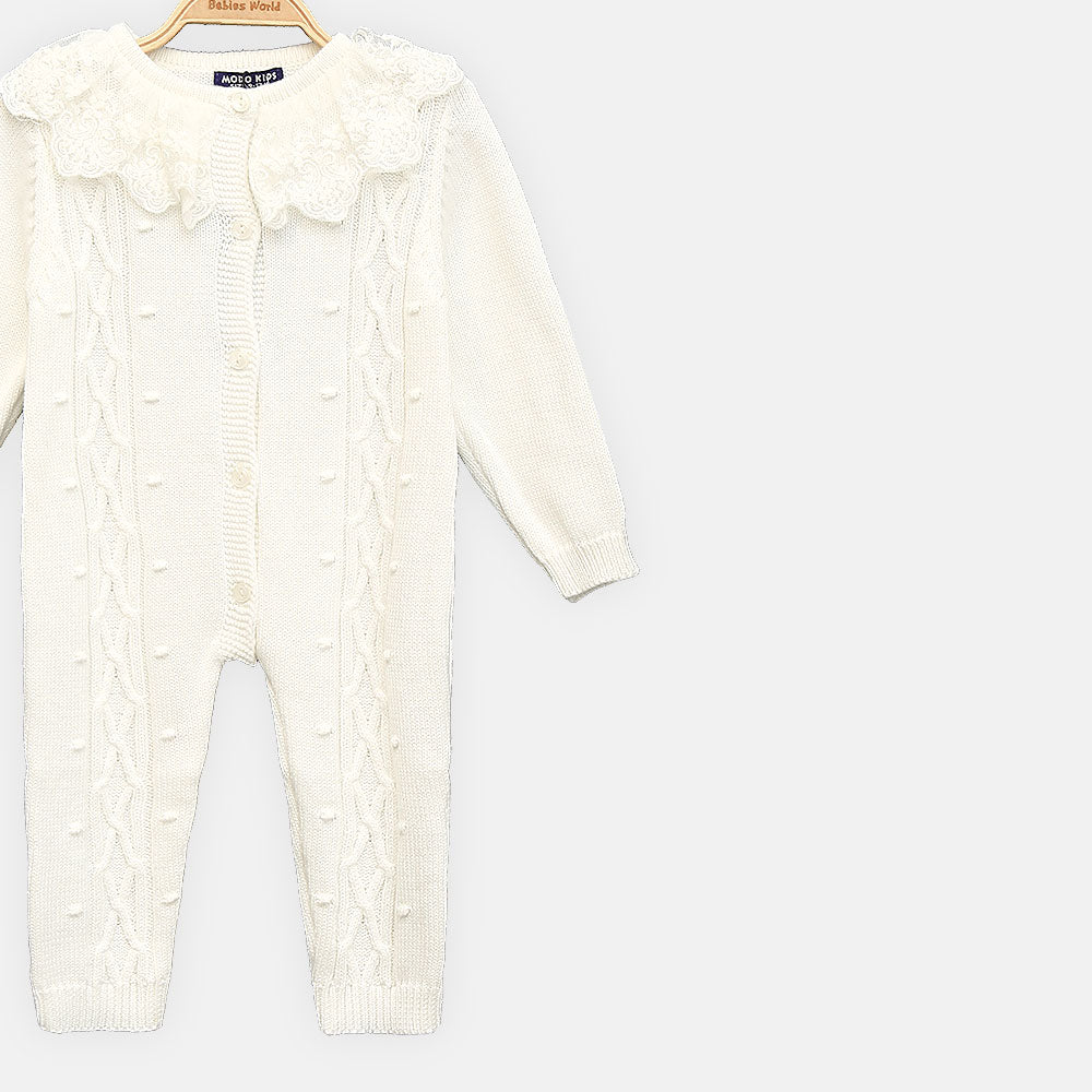 GIRL ROMPER CLASSIC WHITE CABLE-KNIT BUTTON-FRONT