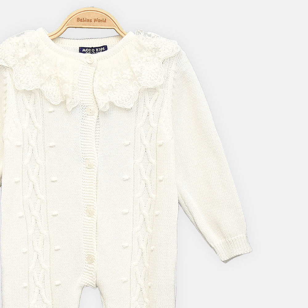 GIRL ROMPER CLASSIC WHITE CABLE-KNIT BUTTON-FRONT
